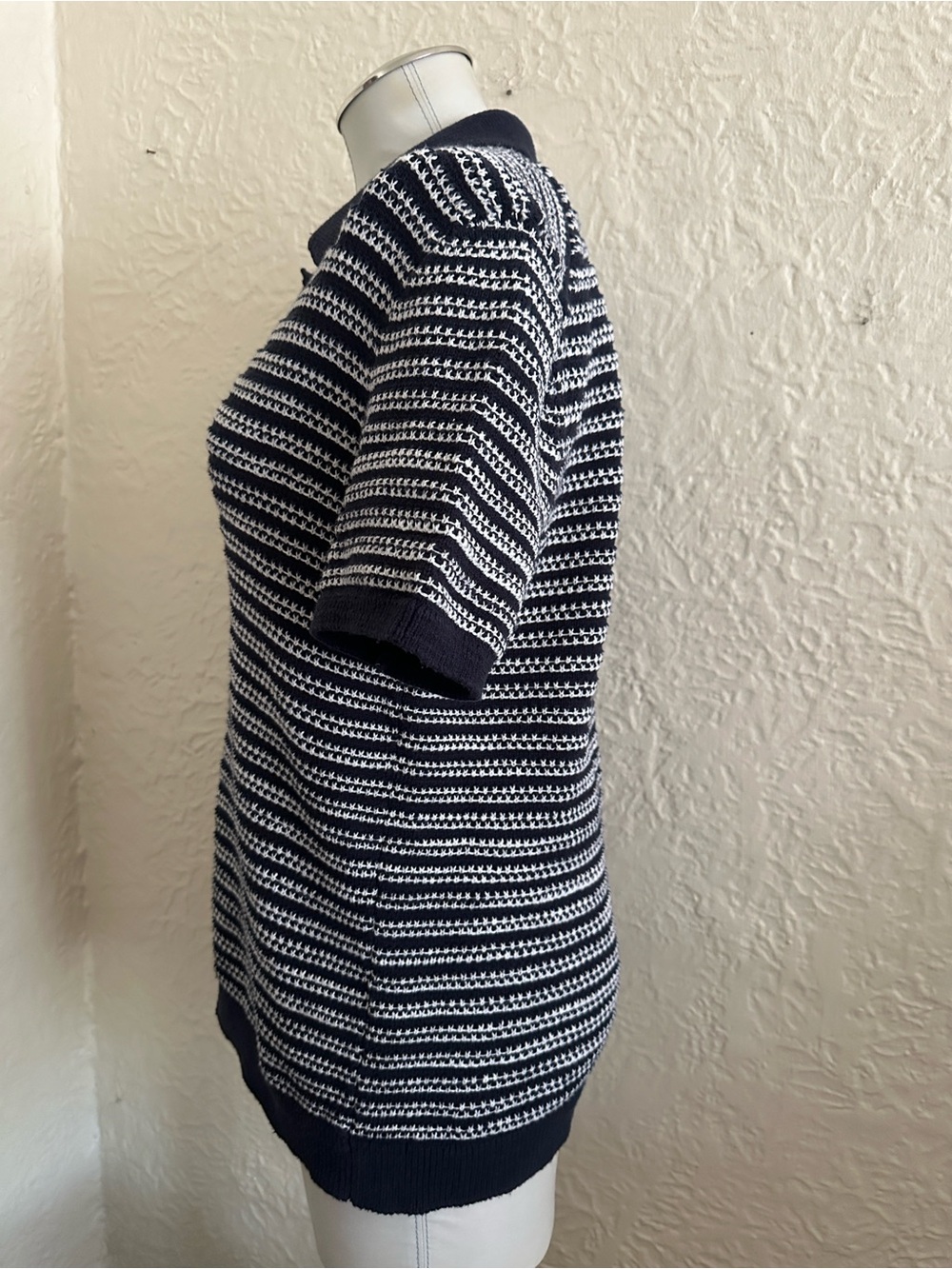 Abercrombie and Fitch Textural Stripe Johnny Collar Sweater Polo Dark Blue White - Picture 4 of 8
